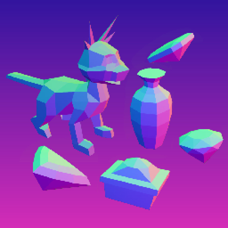 A low-poly dragon, vase, and gems